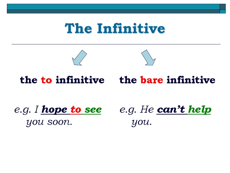 The Infinitive   the to infinitive  e.g. I hope to see you